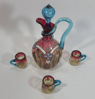 Antique Colored Art Glass Enamel Hand Painted Cruet Decanter With Stopper and 3 Glass Cups