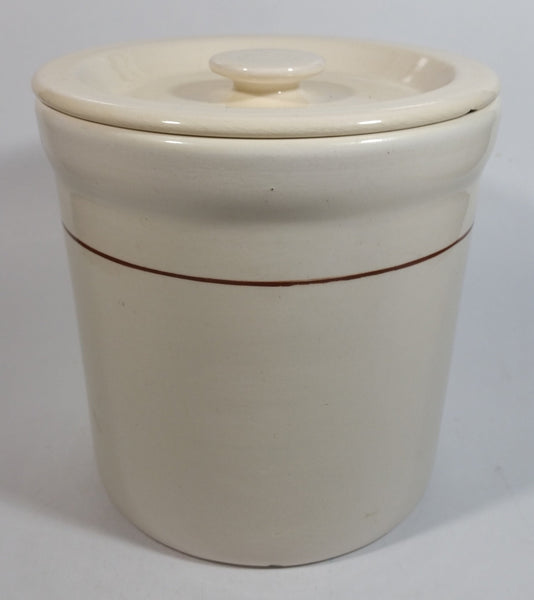 Cream White with Thin Brown Stripe 6 1/2" Tall Ceramic Crock Pot with Lid