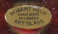 Signed Handmade In Canada Robert Held Iridescent Orange Dark Pink Rainbow Heart Shaped Art Glass with Original Sticker