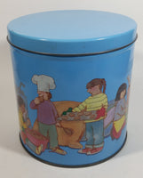 Cute Vintage Children Playing Chef and Baker with Ingredients Blue Tin Metal Canister