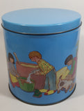 Cute Vintage Children Playing Chef and Baker with Ingredients Blue Tin Metal Canister