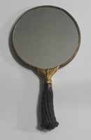 Antique Ornate Brass Metal Framed Faux Antler Bone Handle Handheld Mirror with Old Photograph of a Couple On The Back