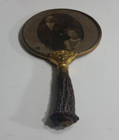 Antique Ornate Brass Metal Framed Faux Antler Bone Handle Handheld Mirror with Old Photograph of a Couple On The Back