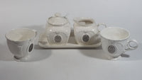 Bombay Company White Embossed Floral Design Creamer, Sugar Bowl, Tea Cup Set
