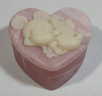 Vintage Incolay Disney Mickey Mouse and Minnie Mouse Pink Heart Shaped Marble Like Lidded Trinket Box Cartoon Collectible