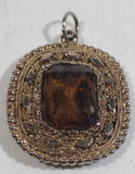 Vintage Brown Smoky Topaz Gemstone In Gold Tone Metal Necklace Pendant