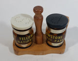 Vintage Yellowstone National Park Glass and Wooden Beer Stein Shaped Salt & Pepper Shakers With Holder Souvenir Travel Tourism Collectible