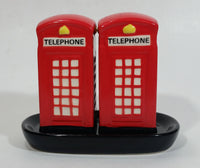 British London England Style Red and White Telephone Booth Salt and Pepper Shakers with Black Ceramic Holder