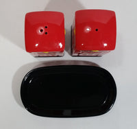 British London England Style Red and White Telephone Booth Salt and Pepper Shakers with Black Ceramic Holder