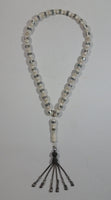 Mother of Pearl Banded Wrapped White Bead Necklace With Hanging Metal Chained Heart Charms