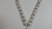 Mother of Pearl Banded Wrapped White Bead Necklace With Hanging Metal Chained Heart Charms