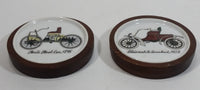 Vintage Set of 2 Porcelain Wood Cased 3" Diameter Coasters 'Ford's First Car, 1896' and Oldsmobile Runabout, 1903