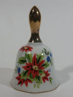 December Poinsettia Joyous Red Flower Golden Handled White Porcelain Bell - Made in Japan