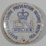 Vintage Canadian National Railway CN Police Safety And Crime Prevention Begins With you Circular Round White Button Pin - Railroad Colletible