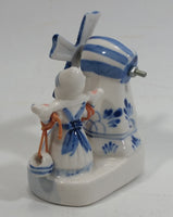 Vintage Beautiful Authentic Delft Deco Holland Rotating Windmill with Woman Carrying Water Pails Blue and White Hand Painted Ceramic Figurine