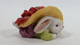 Very Cute Bunny Rabbit Hiding Under Rose Flower Trimmed Hat Tiny Miniature Decorative Figurine