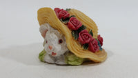 Very Cute Bunny Rabbit Hiding Under Rose Flower Trimmed Hat Tiny Miniature Decorative Figurine