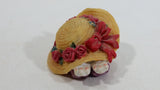 Very Cute Bunny Rabbit Hiding Under Rose Flower Trimmed Hat Tiny Miniature Decorative Figurine