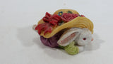 Very Cute Bunny Rabbit Hiding Under Rose Flower Trimmed Hat Tiny Miniature Decorative Figurine