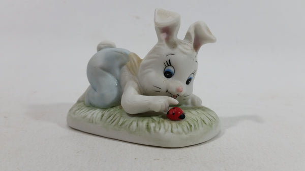 Very Cute and Curious Bunny Rabbit Touching Red Lady Bug Ceramic Figurine Decorative Ornament