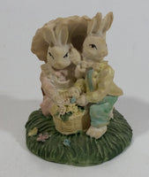 Very Cute Bunny Rabbit Couple with Umbrella and Basket on Grass Resin Figurine Decorative Ornament