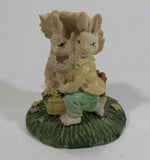 Very Cute Bunny Rabbit Couple with Umbrella and Basket on Grass Resin Figurine Decorative Ornament