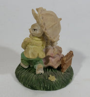 Very Cute Bunny Rabbit Couple with Umbrella and Basket on Grass Resin Figurine Decorative Ornament