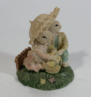 Very Cute Bunny Rabbit Couple with Umbrella and Basket on Grass Resin Figurine Decorative Ornament