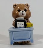 Cute Brown Bear Typing on Black Typewriter While Sitting At A Blue Desk Ceramic Figurine Made in Japan