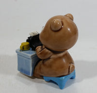 Cute Brown Bear Typing on Black Typewriter While Sitting At A Blue Desk Ceramic Figurine Made in Japan