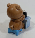 Cute Brown Bear Typing on Black Typewriter While Sitting At A Blue Desk Ceramic Figurine Made in Japan