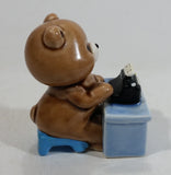 Cute Brown Bear Typing on Black Typewriter While Sitting At A Blue Desk Ceramic Figurine Made in Japan