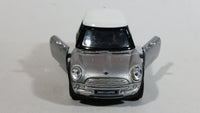 New Ray Mini Cooper Grey Silver Die Cast 1/43 Scale Pull Back Friction Motorized Toy Car Vehicle with Opening Doors - Damage to Drivers Side Headlight