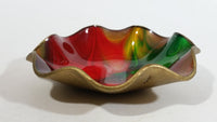Vintage Seetusee Glassware by Mayfair Scalloped Edge Leather Backed Red Green Gold Art Glass Dish
