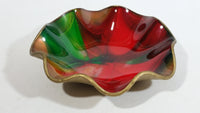 Vintage Seetusee Glassware by Mayfair Scalloped Edge Leather Backed Red Green Gold Art Glass Dish