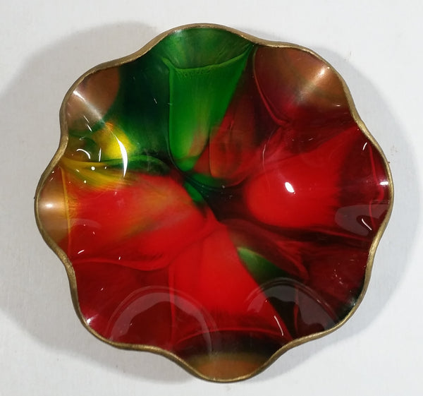 Vintage Seetusee Glassware by Mayfair Scalloped Edge Leather Backed Red Green Gold Art Glass Dish