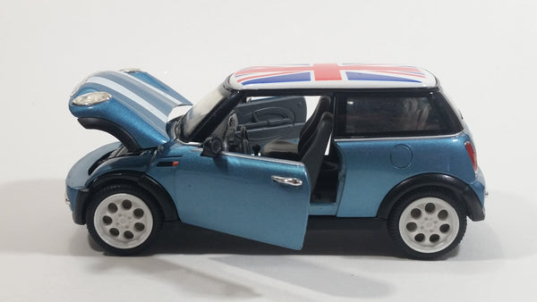 Sunnyside Superior SS 2001 Mini Cooper 1/24 Scale #6711 Blue Union Jack Flag Die Cast Friction Motorized Pullback Toy Car Vehicle with Opening Hood and Doors