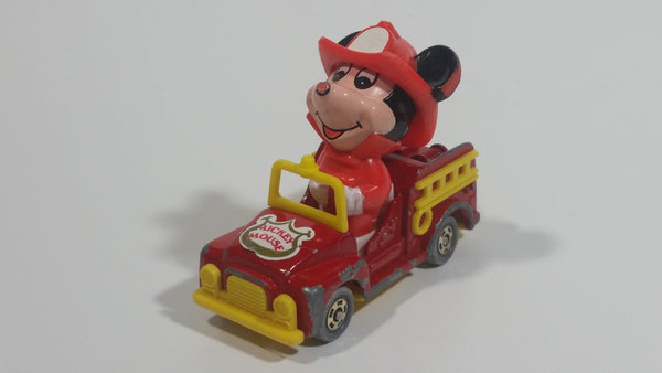 Vintage Tomy Walt Disney Production No. PD-2 Mickey Mouse Fireman Red and Yellow Plastic and Die Cast Metal Toy Car Fire Truck Firefighting Vehicle