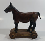 Antique Primitive Folk Art Wooden Horse on a Cart Carving with Wooden Wheels 7" Tall Carved Statue