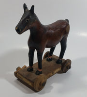 Antique Primitive Folk Art Wooden Horse on a Cart Carving with Wooden Wheels 7" Tall Carved Statue