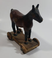 Antique Primitive Folk Art Wooden Horse on a Cart Carving with Wooden Wheels 7" Tall Carved Statue