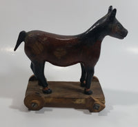 Antique Primitive Folk Art Wooden Horse on a Cart Carving with Wooden Wheels 7" Tall Carved Statue