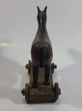 Antique Primitive Folk Art Wooden Horse on a Cart Carving with Wooden Wheels 7" Tall Carved Statue