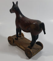 Antique Primitive Folk Art Wooden Horse on a Cart Carving with Wooden Wheels 7" Tall Carved Statue