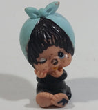 Vintage 1979 Sekiguchi Monchichi Girl Sitting with Blue Bonnet Head Scarf 2" Tall PVC Toy Figure