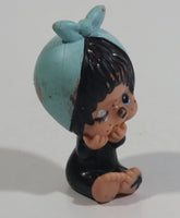 Vintage 1979 Sekiguchi Monchichi Girl Sitting with Blue Bonnet Head Scarf 2" Tall PVC Toy Figure