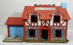 Vintage Fisher Price Little People Brown Tudor House Toy with Opening Garage Door and Doorbell - Missing Front Door