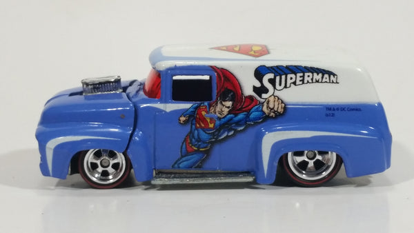 2012 Hot Wheels '56 Ford F-100 Panel Van Truck Superman Blue and White Die Cast Toy Car Hot Rod Vehicle with Opening Hood and Red Line Real Riders