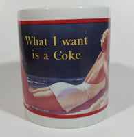 1992 Coca Cola Coke Soda Pop "What I Want is a Coke" 1952 Indoor Poster Blonde Pinup Girl Laying on The Beach White Ceramic Coffee Mug Beverage Collectible