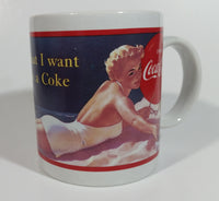 1992 Coca Cola Coke Soda Pop "What I Want is a Coke" 1952 Indoor Poster Blonde Pinup Girl Laying on The Beach White Ceramic Coffee Mug Beverage Collectible